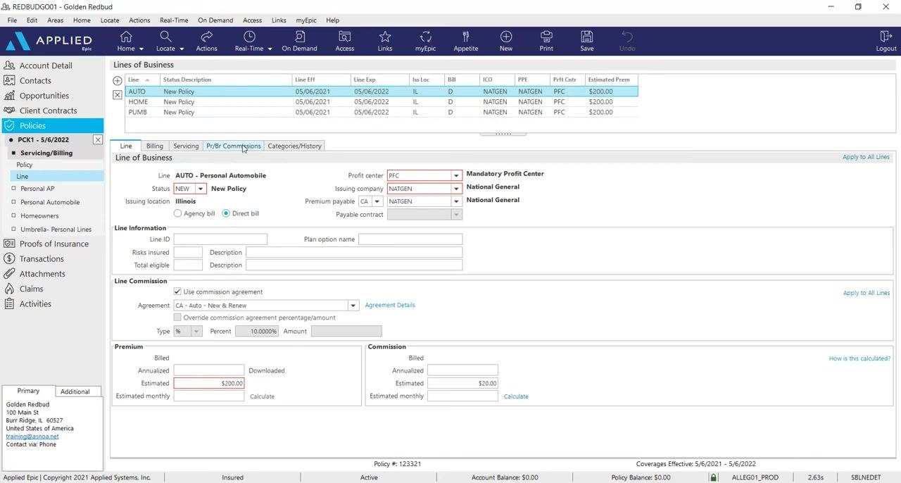 The Applied Epic interface showing the policy entry screen with various fields filled, including policy status, issuing company, premium, and commission details. The navigation panel on the left highlights 'Policies' and the active policy.