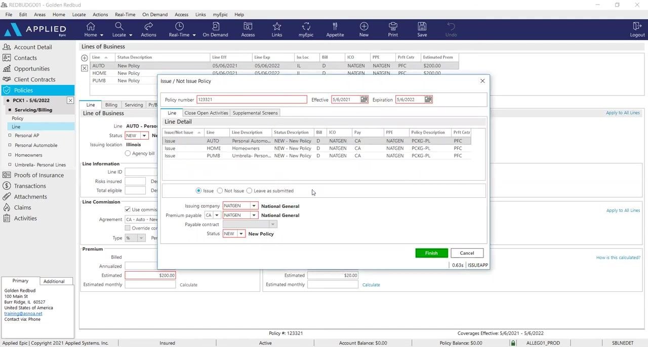The Applied Epic 'Policies - Current/Renewed' screen remains open, showing the policy list and details for the selected policy, confirming successful addition.