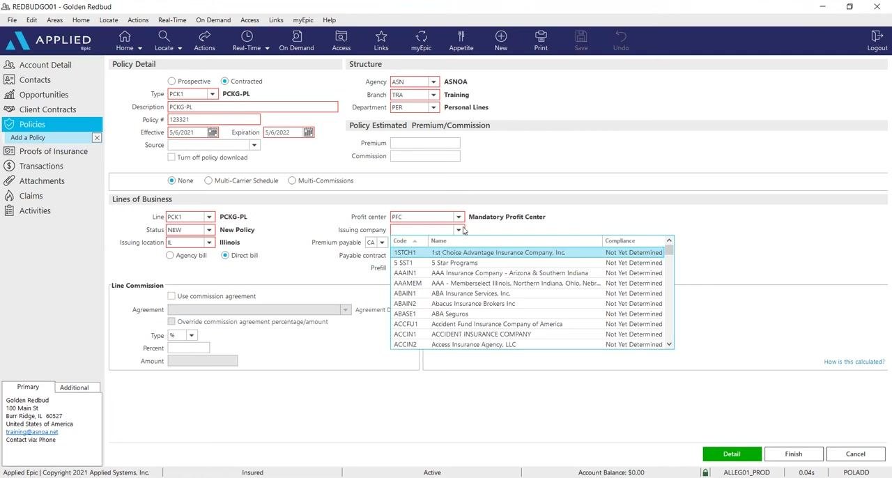 Structure section highlighted with Agency, Branch, and Department fields. The Department dropdown is open, showing options such as Administrative, Commercial Lines, Life, and Personal Lines.