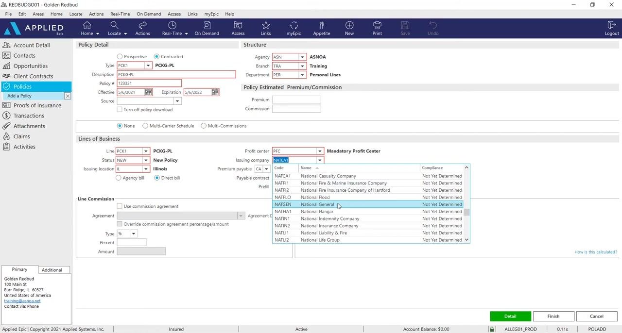 Issuing Company dropdown open, with National General highlighted and selected.