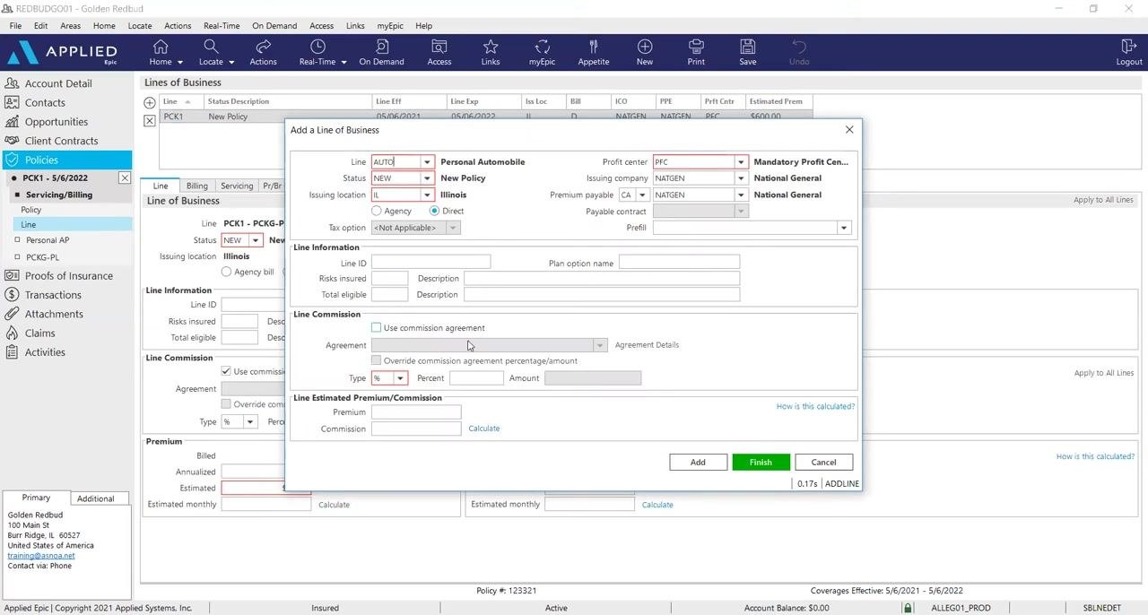 Add a Line of Business window with AUTO selected, the commission agreement box highlighted, and all required fields filled for Personal Automobile.