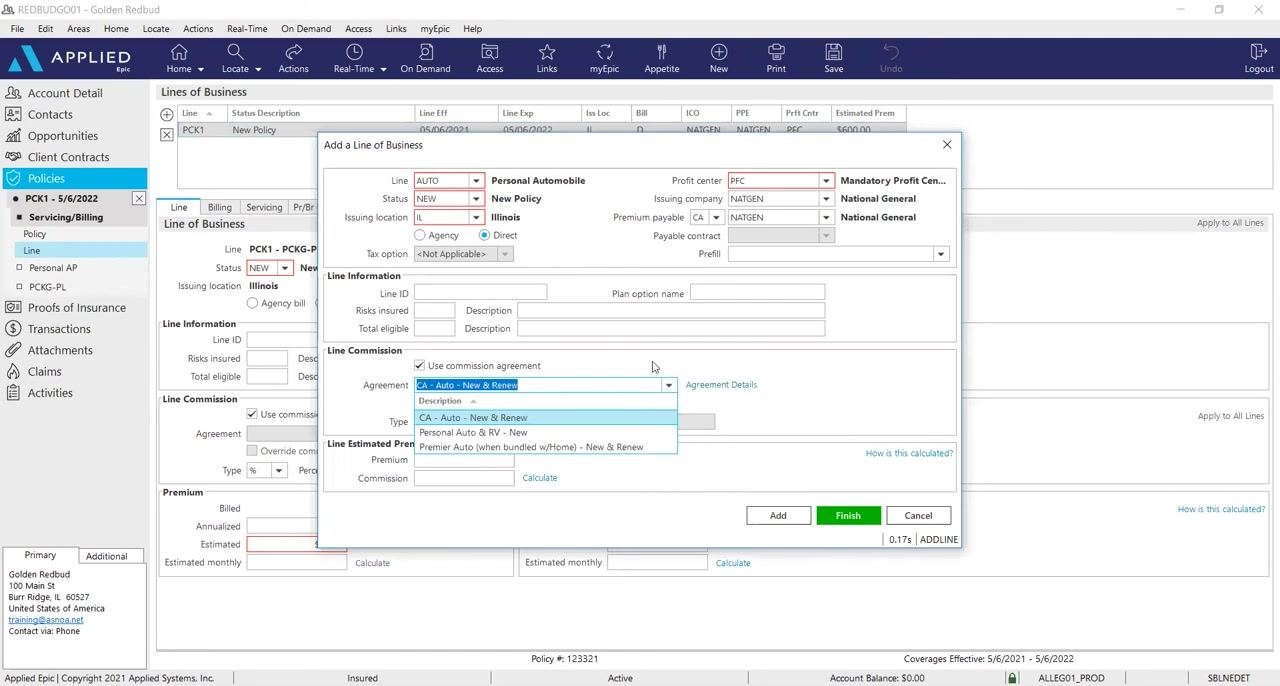 Commission agreement dropdown open with multiple agreement options visible for selection.