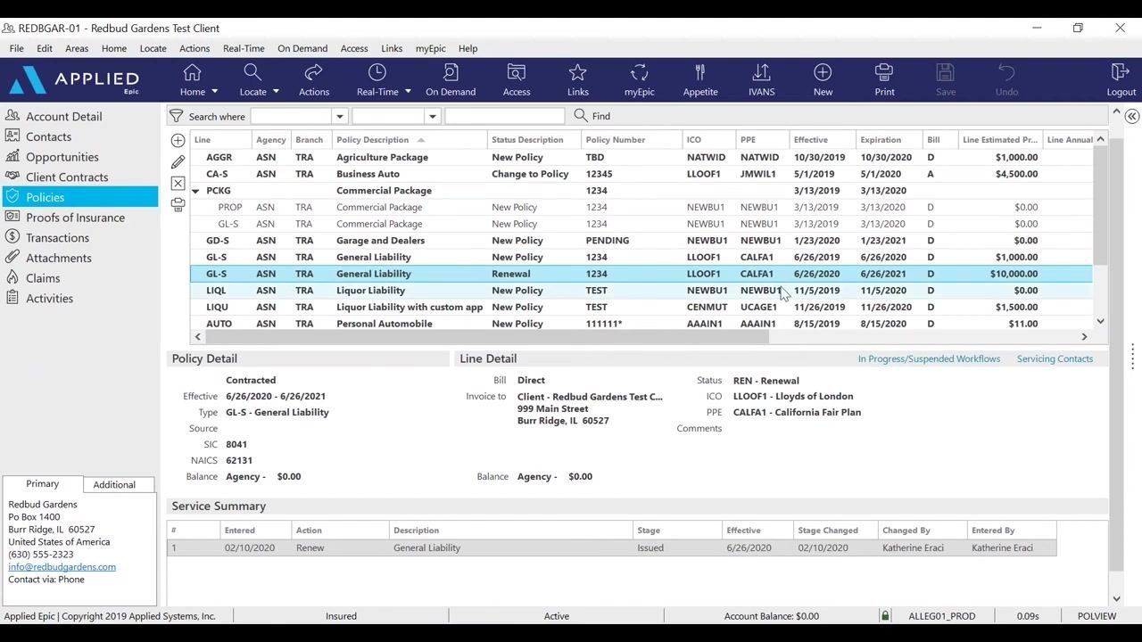 Policies screen showing a list of policies, with "General Liability" highlighted and policy details visible below.