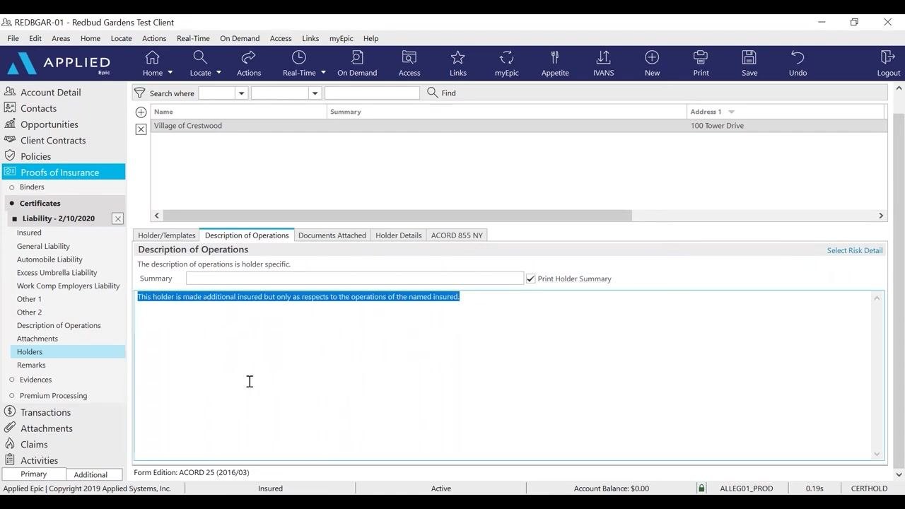 Description of Operations tab open, with additional insured wording entered in the description field.