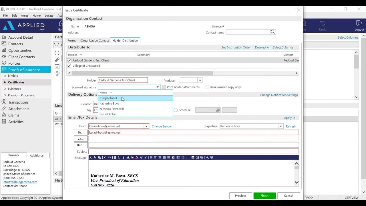 Producer dropdown open with options, contact name field being edited, and signature field visible.
