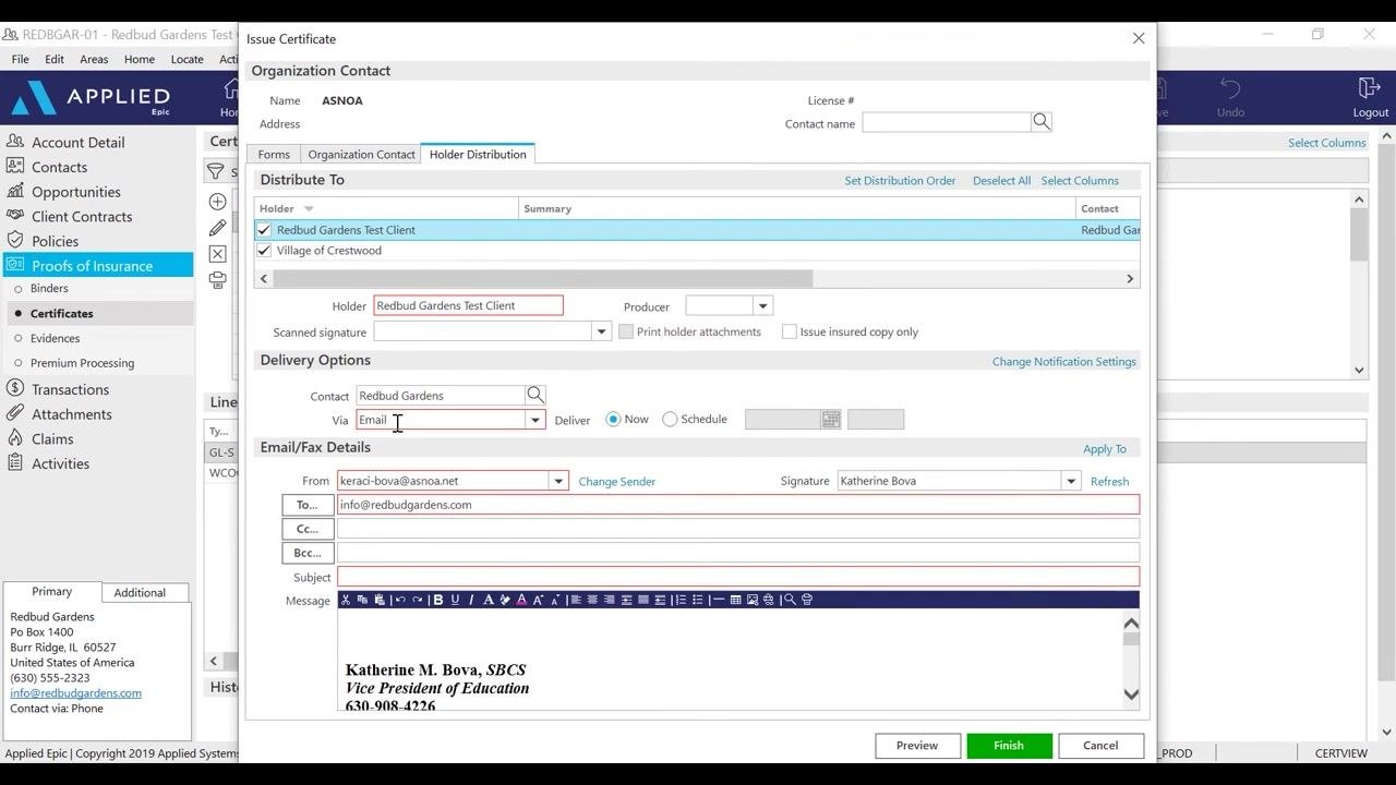 Issue Certificate dialog with the Holder Distribution tab, email fields, and delivery options visible.
