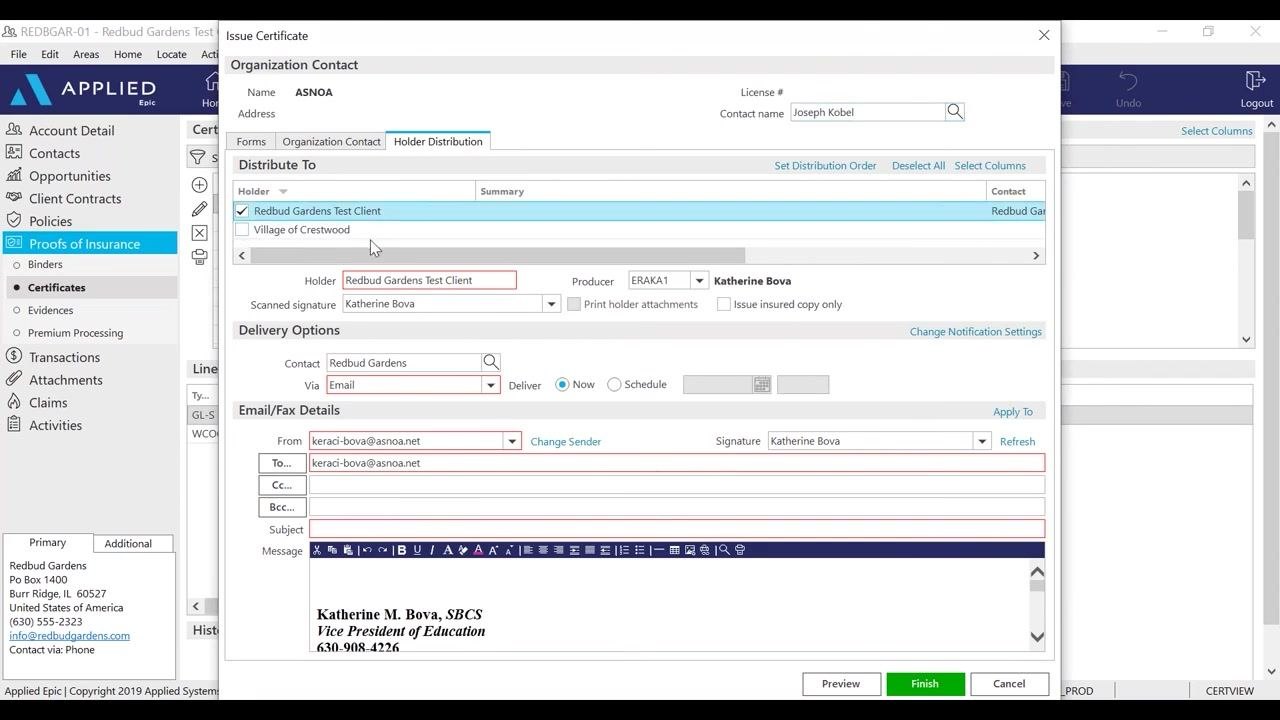 Holder and insured selected, contact and email fields filled in, ready for preview.