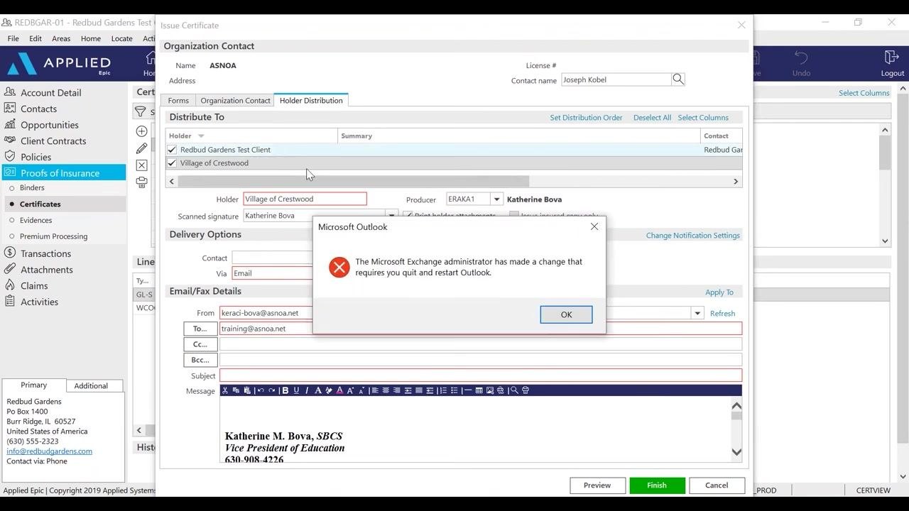 Microsoft Outlook error dialog over the Issue Certificate window, with both holders selected.