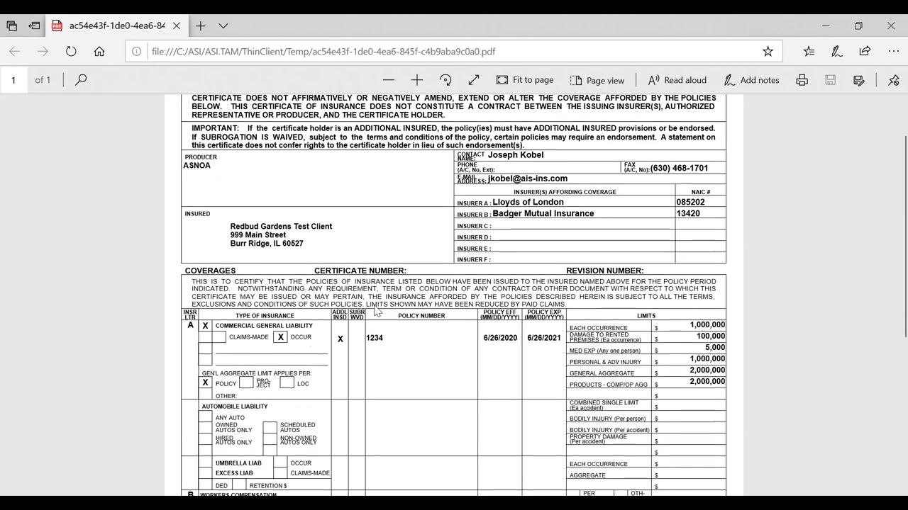 Certificate of Liability Insurance PDF preview showing all policy and contact details, with a completion notification visible.