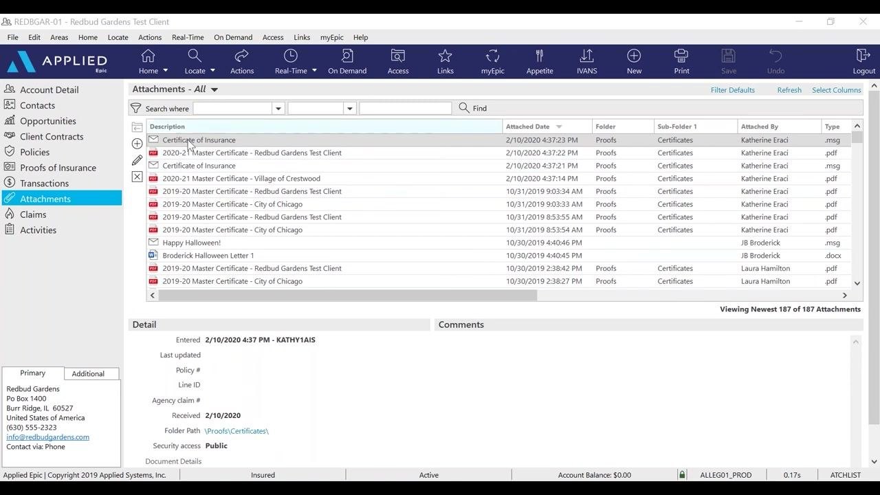 Attachments section showing the Certificate of Insurance and related files attached to the client record.