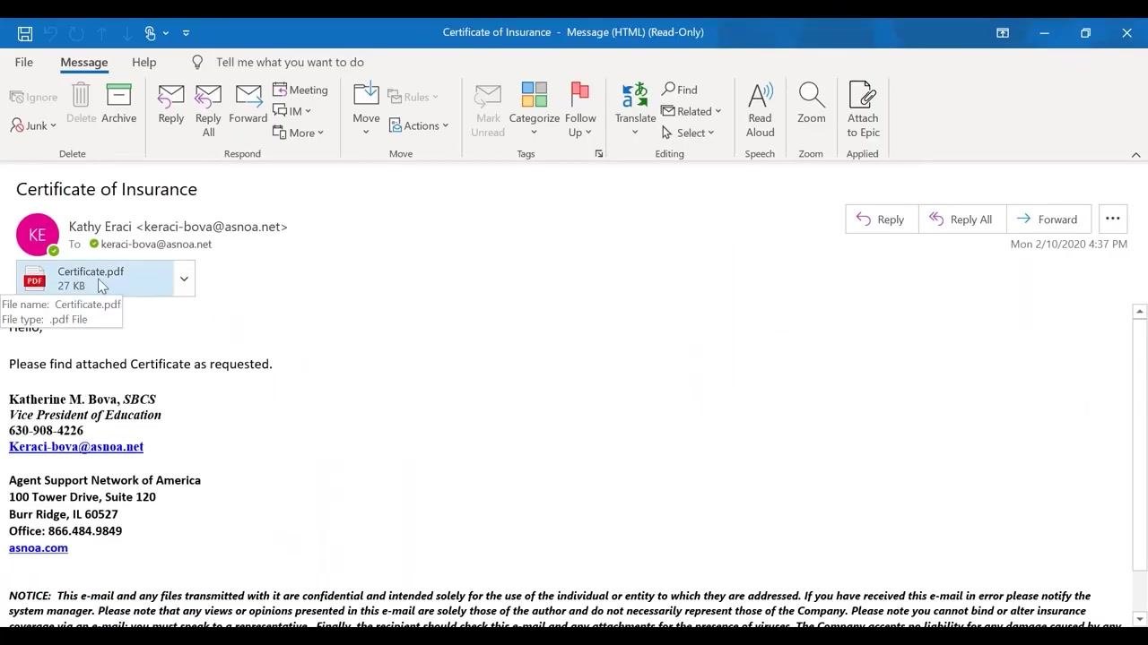 Outlook email showing subject, recipient, attached certificate PDF, message, and signature.