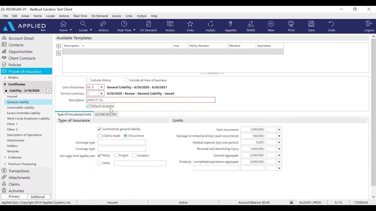 Certificate template screen with the General Liability policy selected, description "2020-21 GL," and policy term details filled in.