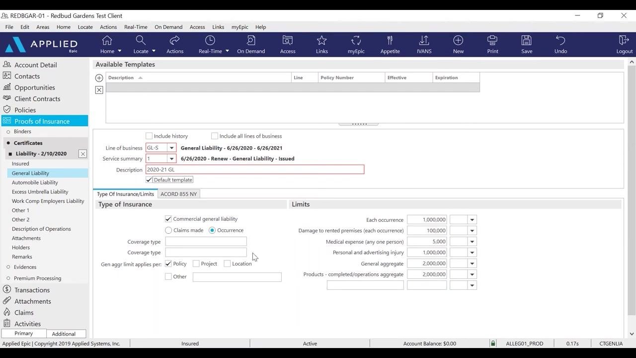 Certificate template screen with "Default template" checked and all policy limits filled in.