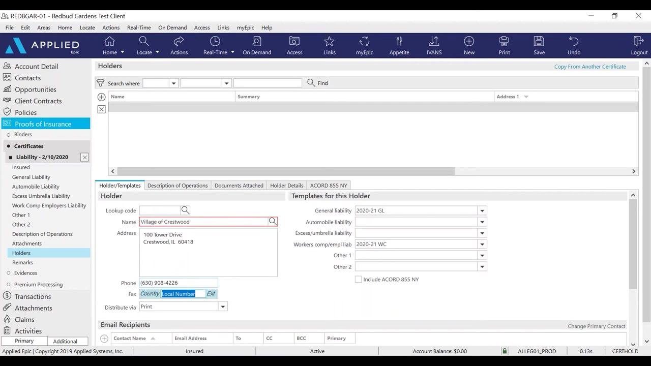 Holder details screen with "Distribute via" set to "Email" and fields for phone, fax, and email recipients visible.
