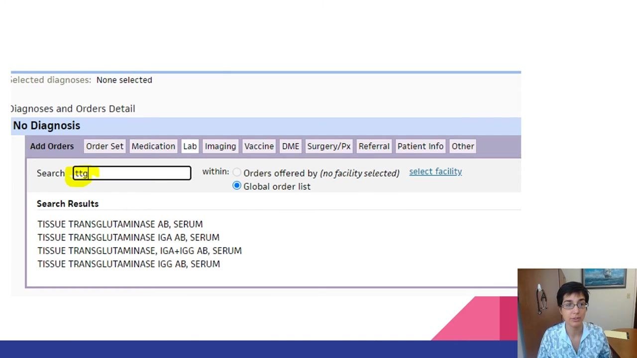 Lab tab selected, "ttg" entered in the search field, with search results for tissue transglutaminase tests displayed