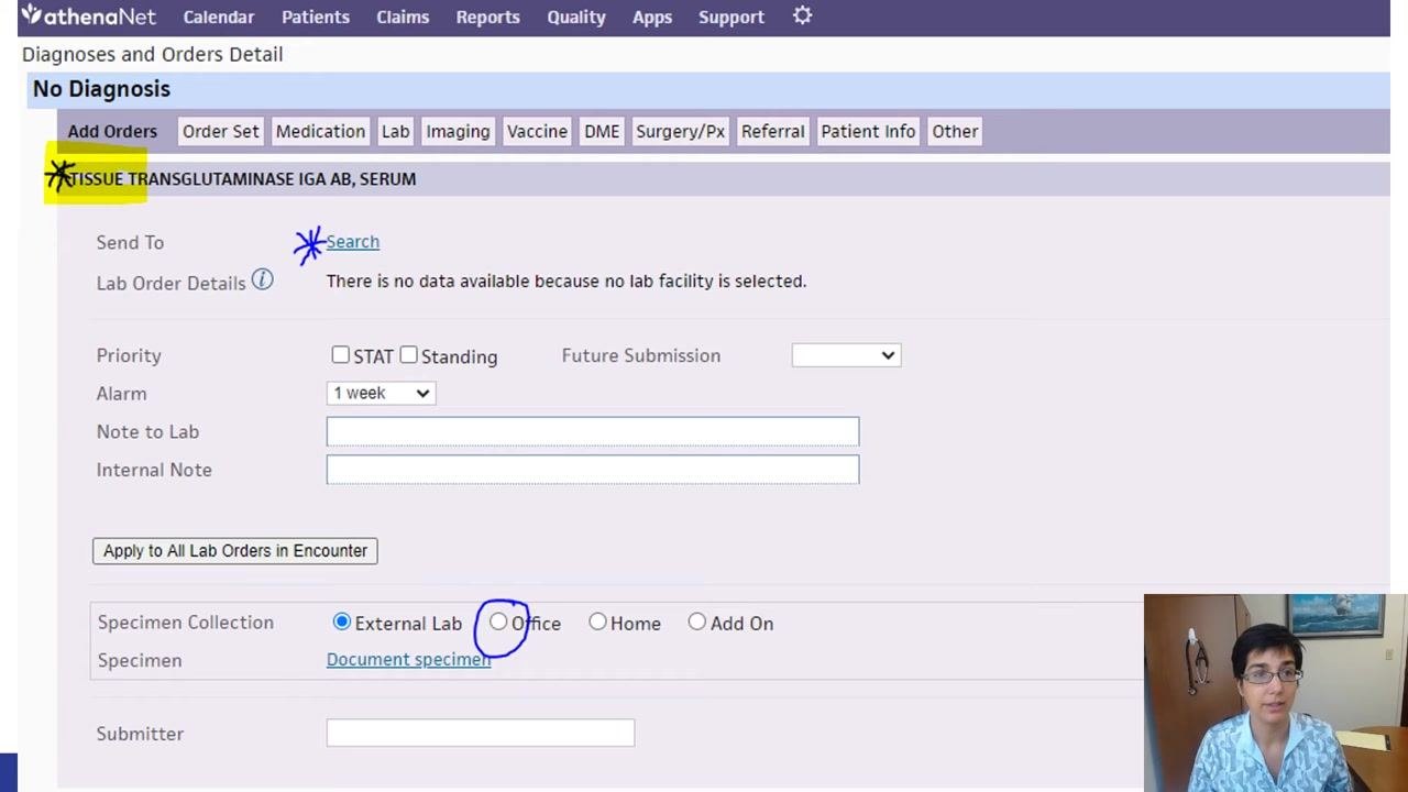 Lab order selected and expanded, showing the "Search" link for lab facility and specimen collection options