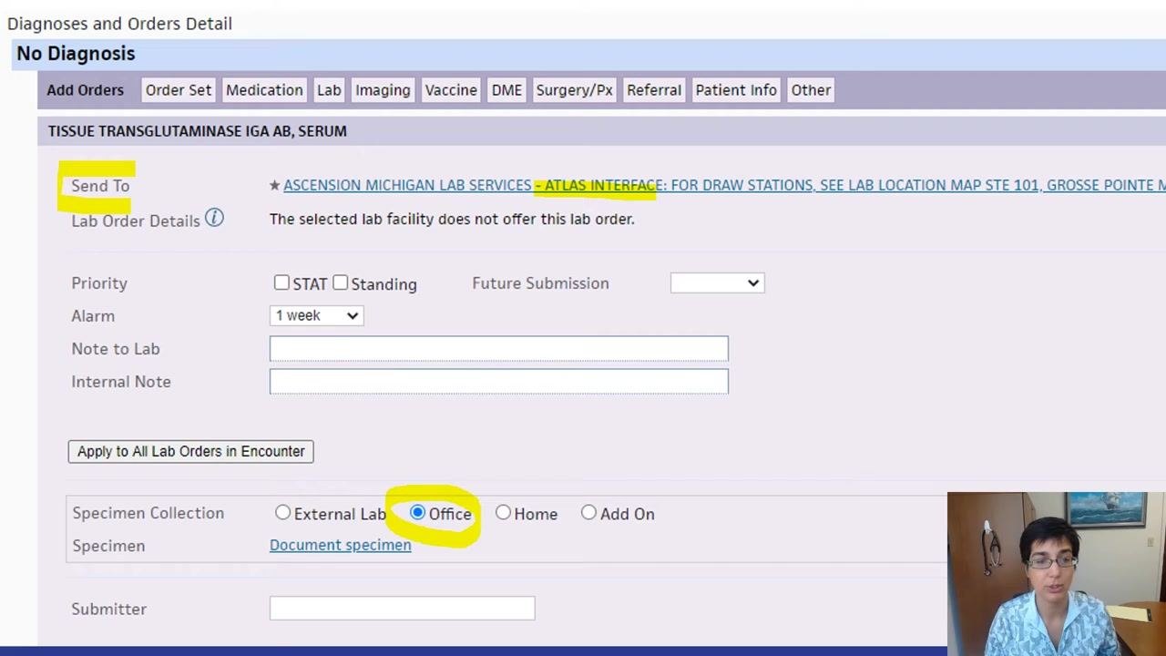 Order details with "Send To" set to ATLAS INTERFACE and "Office" selected for specimen collection