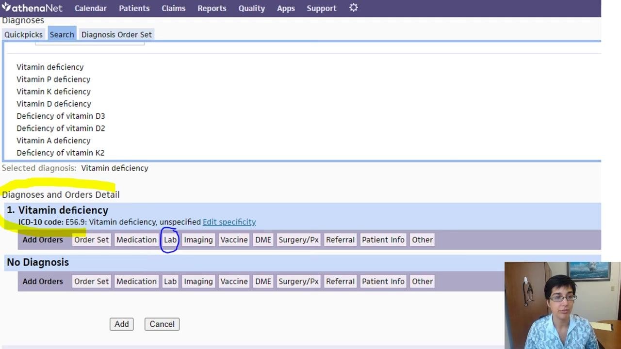 Add Order Set screen with the "Order Set Name" field and "Search" tab highlighted, no diagnosis selected yet