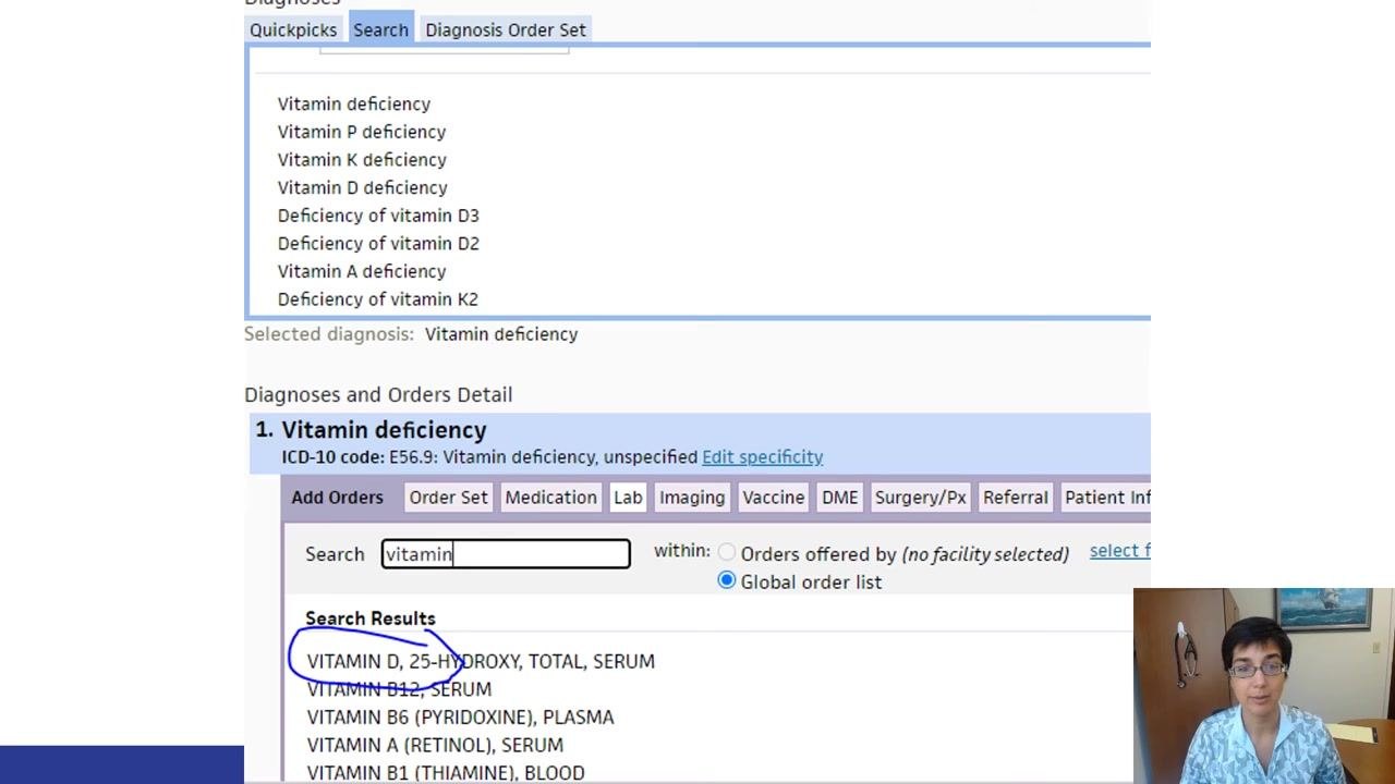 Diagnosis search field with "Vitamin D Def" entered and "Vitamin D deficiency" selected, showing ICD-10 code E56.9