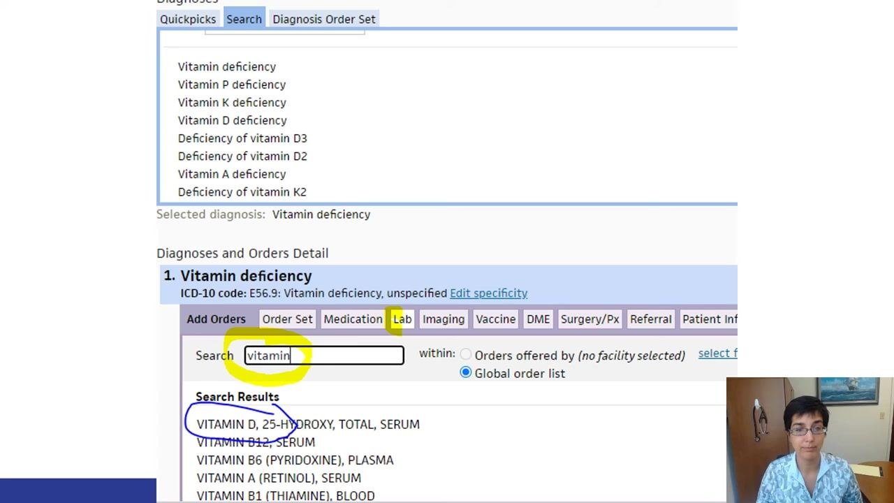 Lab tab selected, "vitamin" entered in the search field, with "VITAMIN D, 25-HYDROXY, TOTAL, SERUM" visible in the results