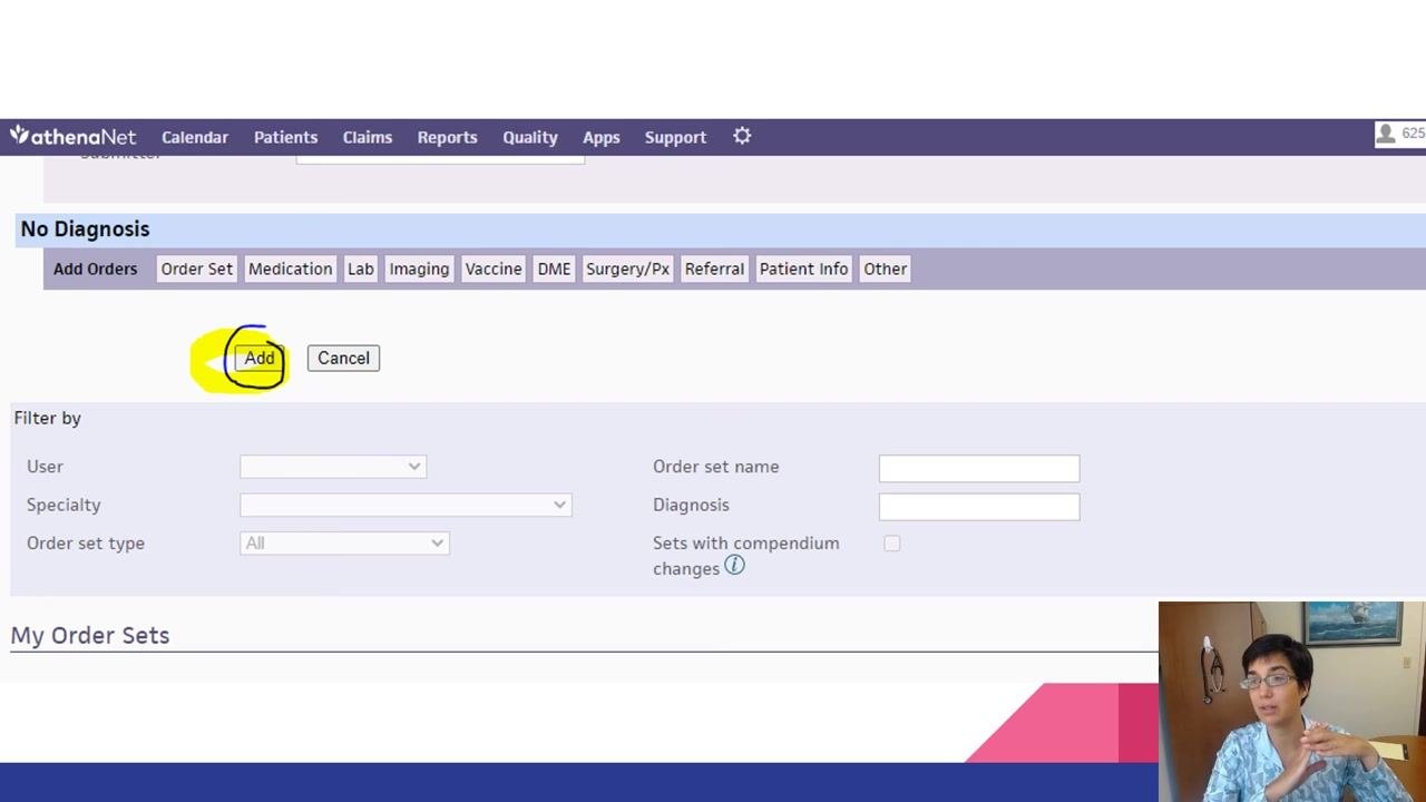Order set configuration screen with the "Add" button circled and highlighted, showing tabs for Add Orders, Order Set, Medication, Lab, and Imaging