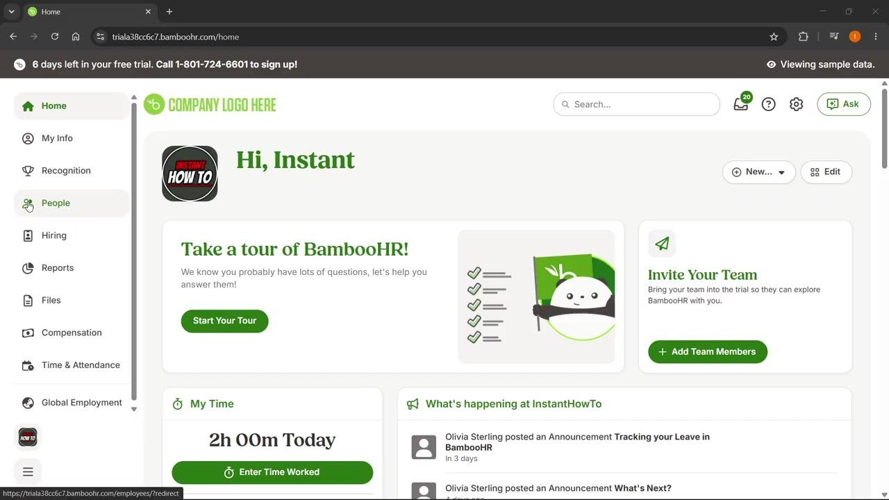 BambooHR dashboard with the People tab highlighted, showing the navigation options Home, My Info, Recognition, People, Hiring, Reports, Files, Compensation, Time & Attendance, and Global Employment, along with a welcome message offering a tour and team invite options.