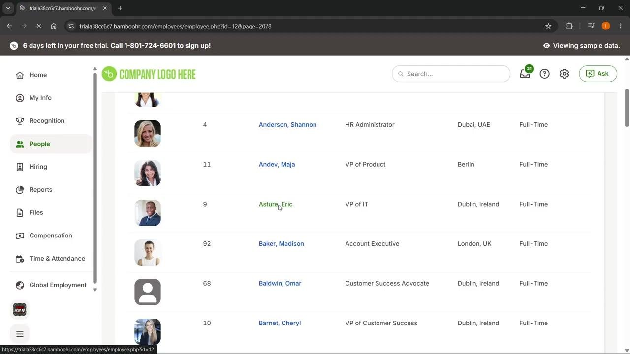 People tab open, with the cursor hovering over Eric Asture in the employee list.