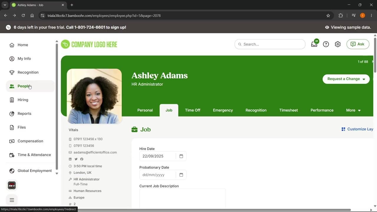Eric Asture's profile with the Job tab selected, showing job details and the Request a Change button.