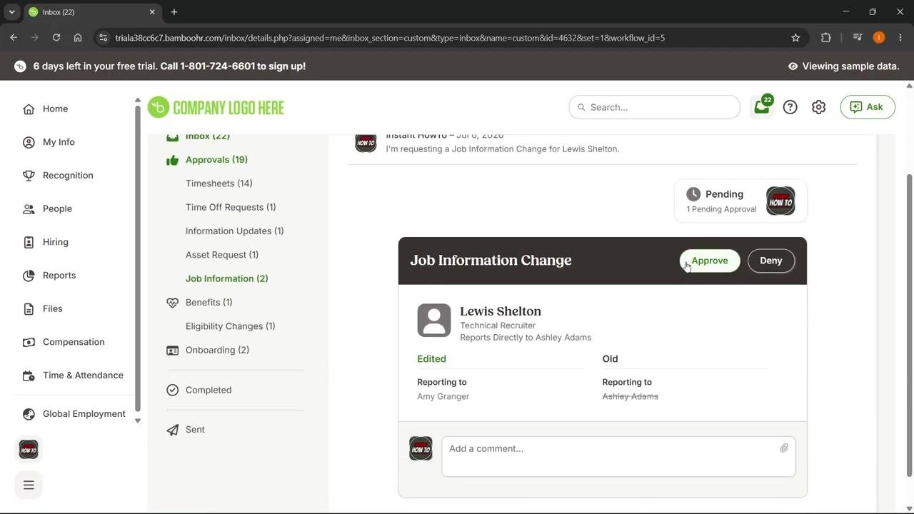 Inbox view showing the Job Information Change request for Lewis Shelton, with Approve and Deny buttons.