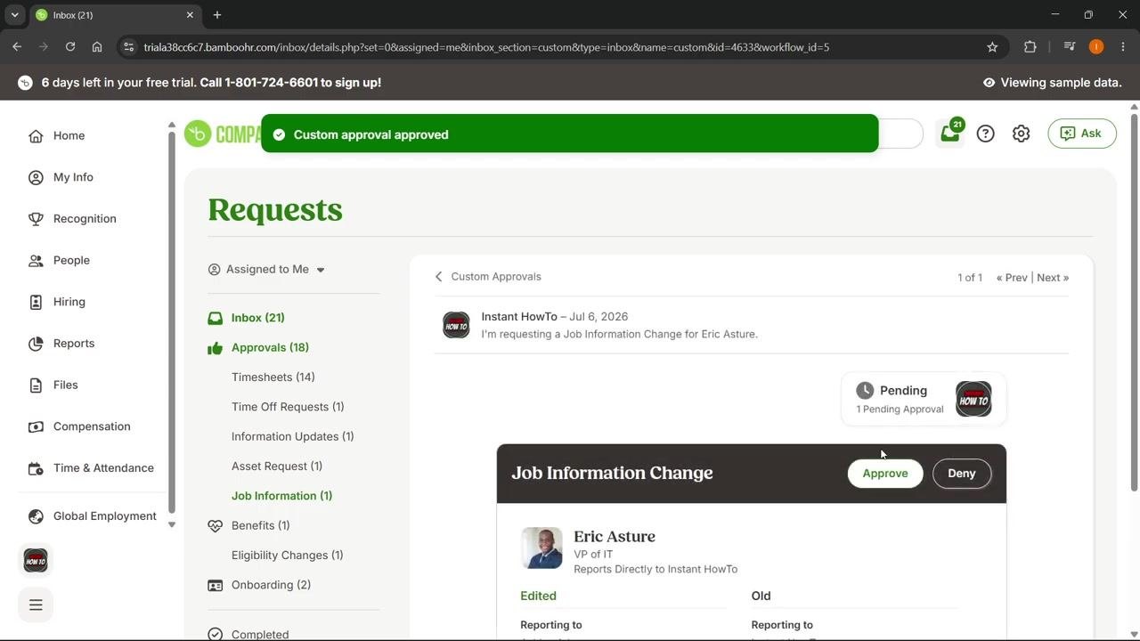 Requests page showing the Job Information Change for Eric Asture, with a green banner reading "Custom approval approved."
