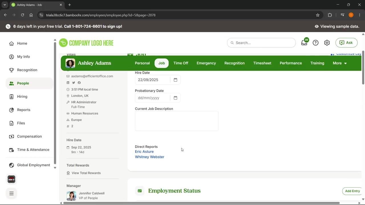 Ashley Adams's profile, Job tab, showing the updated Direct Reports list including Eric Asture and Whitney Webster.