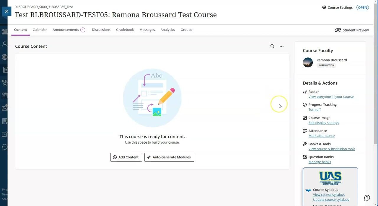 Ultra course content page displaying the "ready for content" message, with Add Content and Auto-Generate Modules buttons and the course navigation menu visible