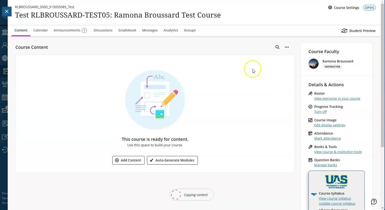 Ultra course content page showing a "Copying content" status indicator at the bottom of the screen