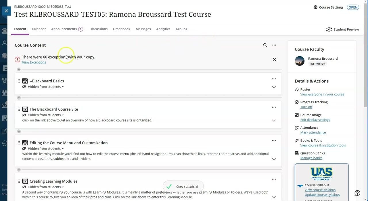 Course Content page showing an exception notification with a View Exceptions link after copying