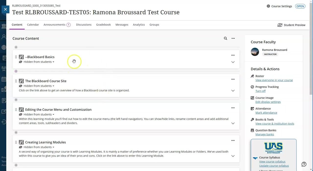 Course Content page with the cursor positioned over a content item, ready for review