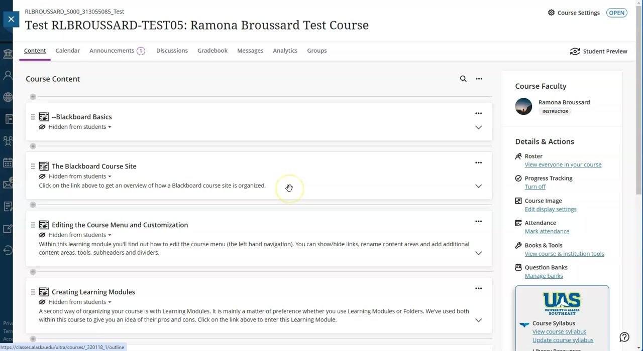 Course Content page with the cursor over a content item, ready to check or update its settings