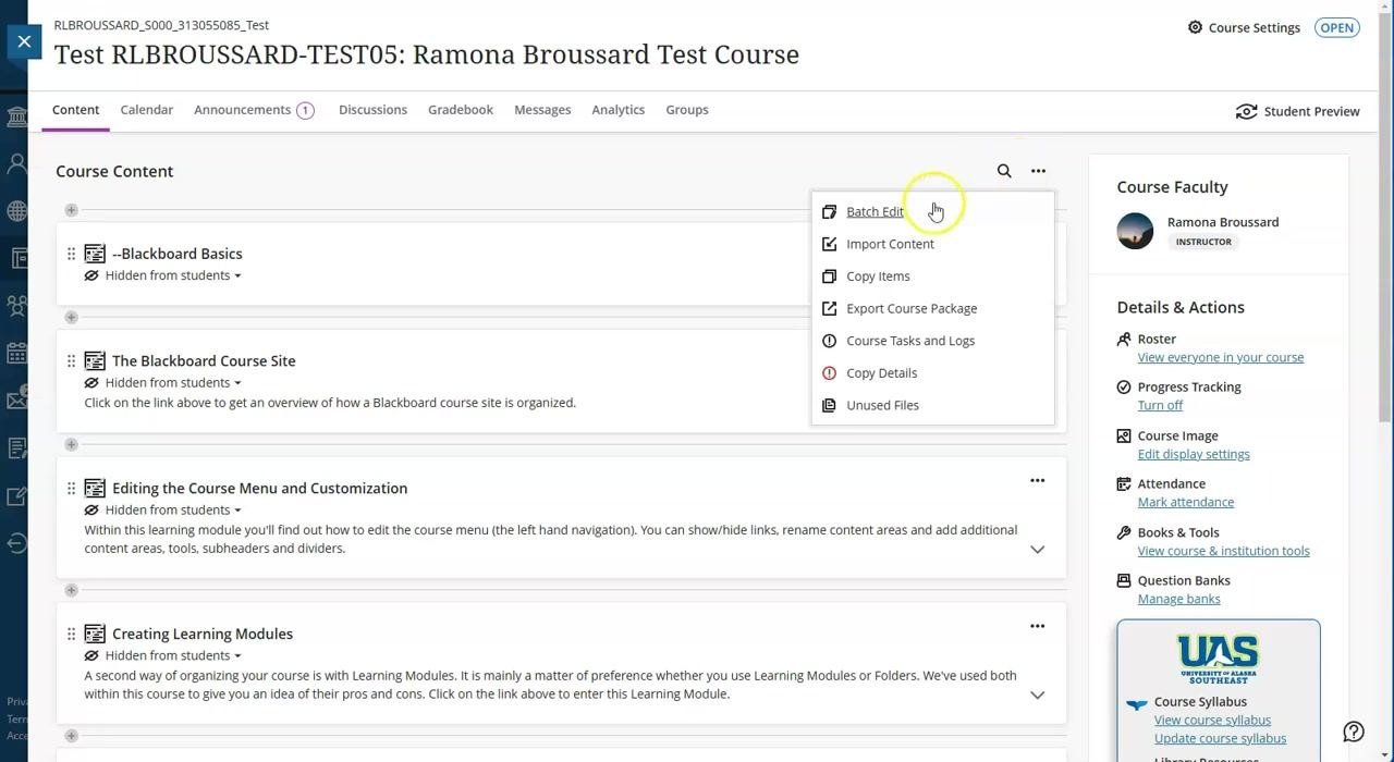 Course Content page with the context menu open and Batch Edit highlighted