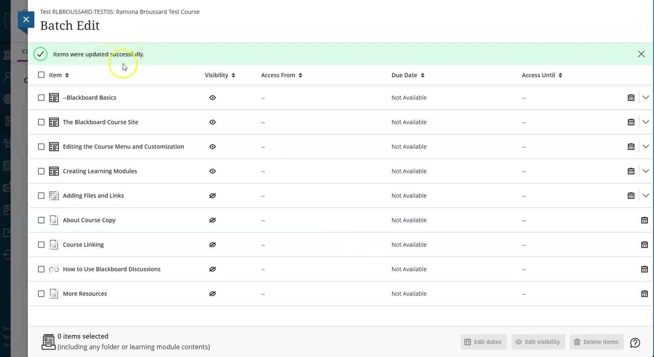Edit Dates dialog showing options to change by specific date/time, number of days, or course start, with a warning about updating only items that already have date values
