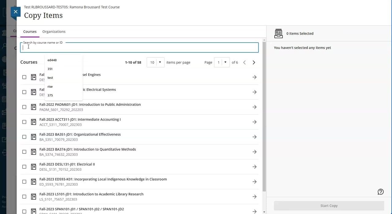 Copy Items panel with the search bar in use and search suggestions displayed