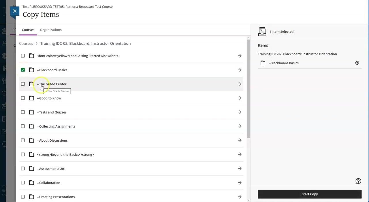 Copy Items panel showing "Blackboard Basics" selected and listed in the Items panel on the right