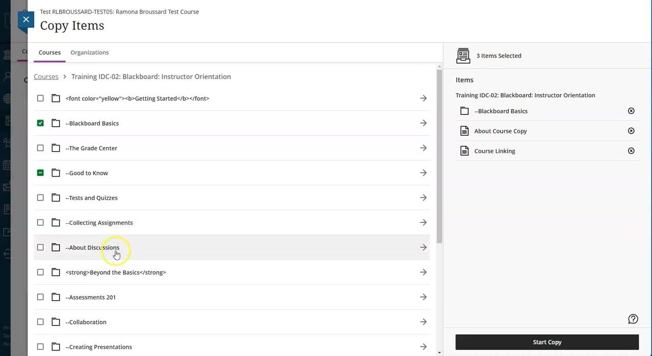 Breadcrumb navigation in the Copy Items panel, showing the path back to the main course level