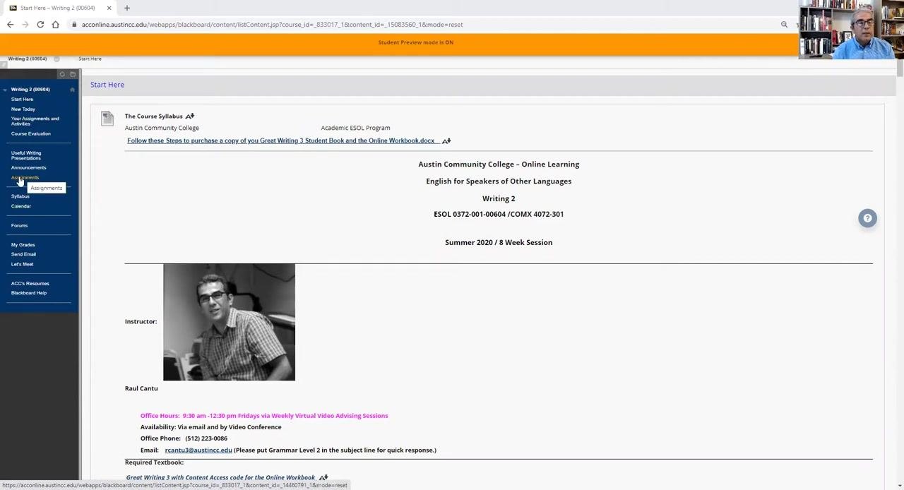 Blackboard course page with the Assignments button highlighted in the left menu, showing course information, instructor details, and navigation options.