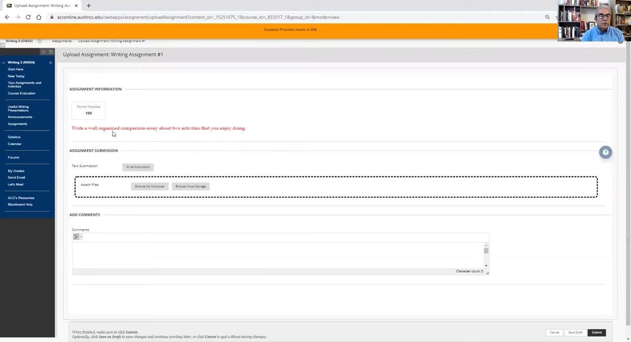 Assignment submission page showing instructions, points possible, and submission options.