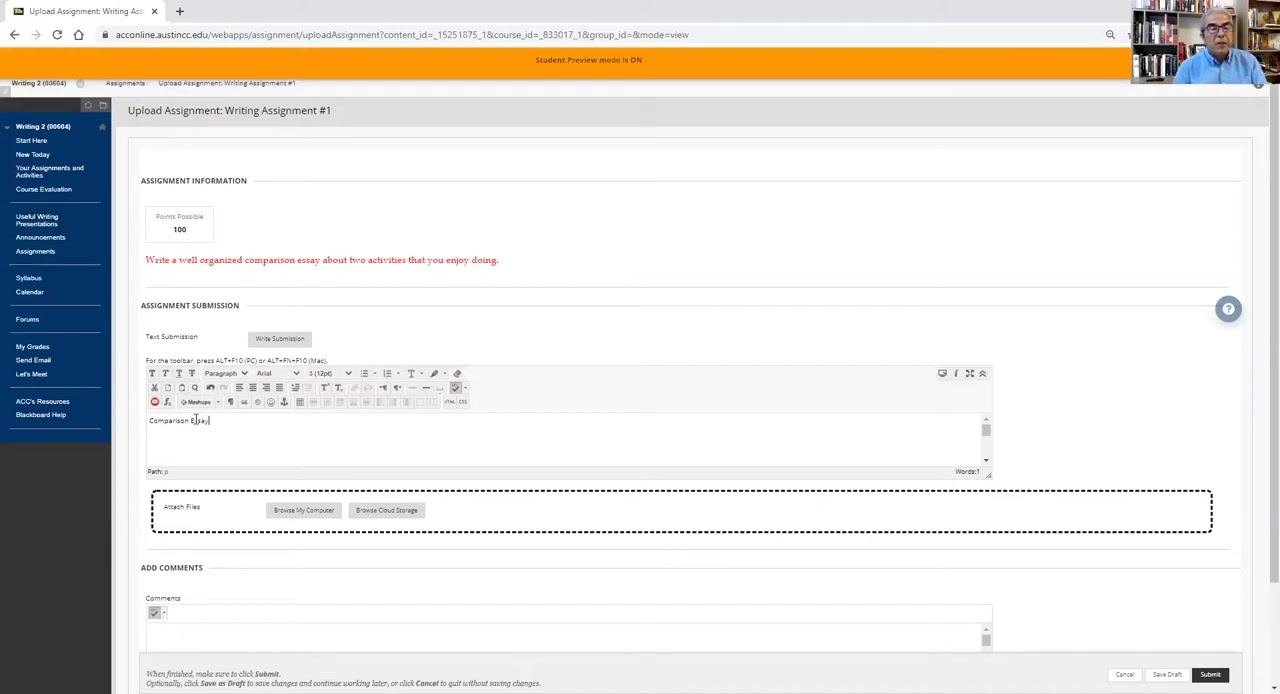 Text editor open for direct entry of the essay, with "Comparison Essay" typed into the box.