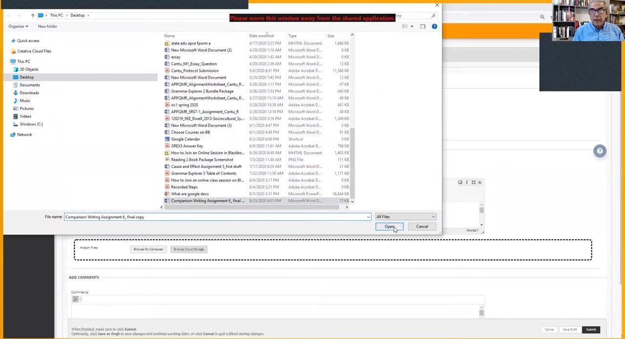 File explorer window open, displaying folders and files on the Desktop, with the Blackboard assignment submission page visible in the background.