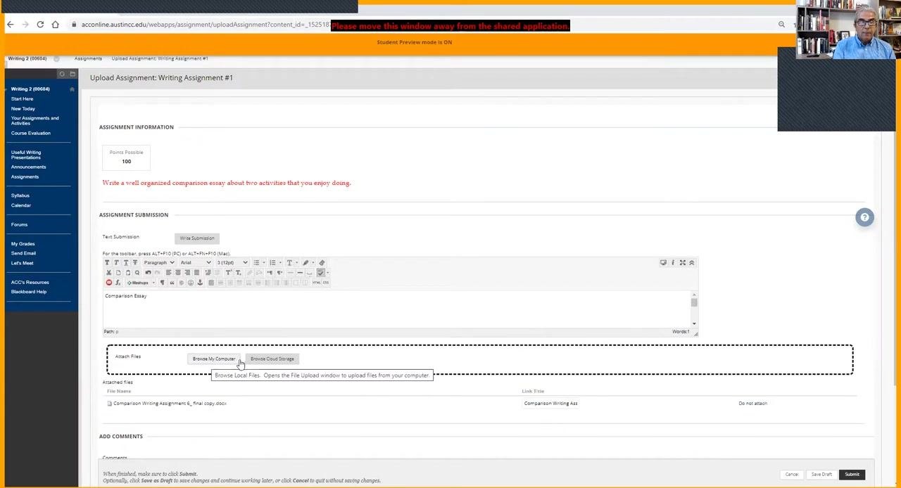 Blackboard submission page with both the text editor and the attached file visible, ready for submission.