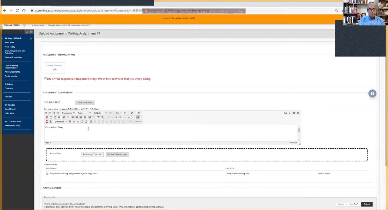 Blackboard submission page with the Submit button visible in the bottom right corner.