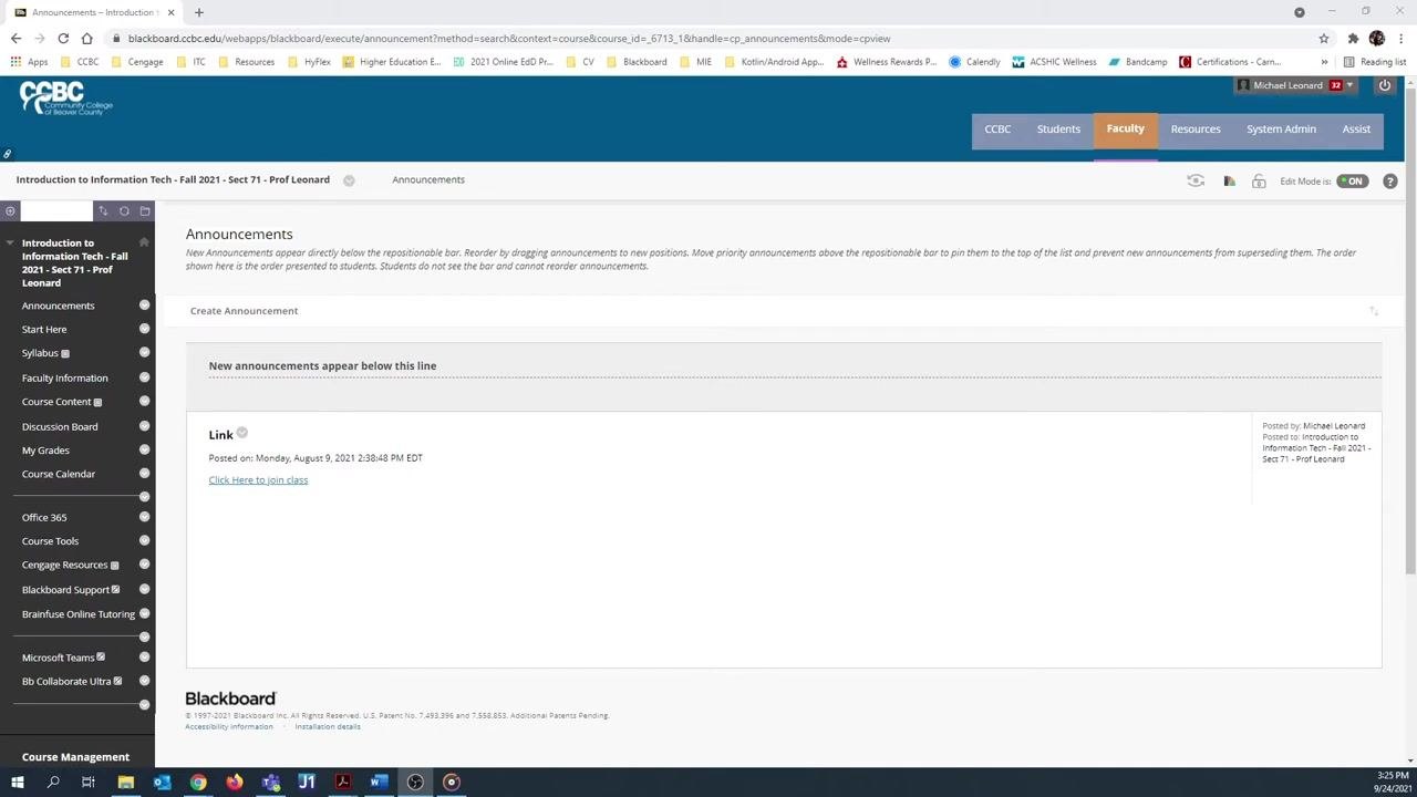 Blackboard course home page displaying the Announcements view and the left-hand navigation menu