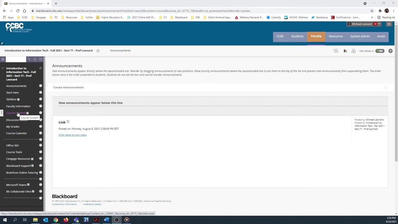 Cursor hovering over Course Content in the Blackboard navigation menu