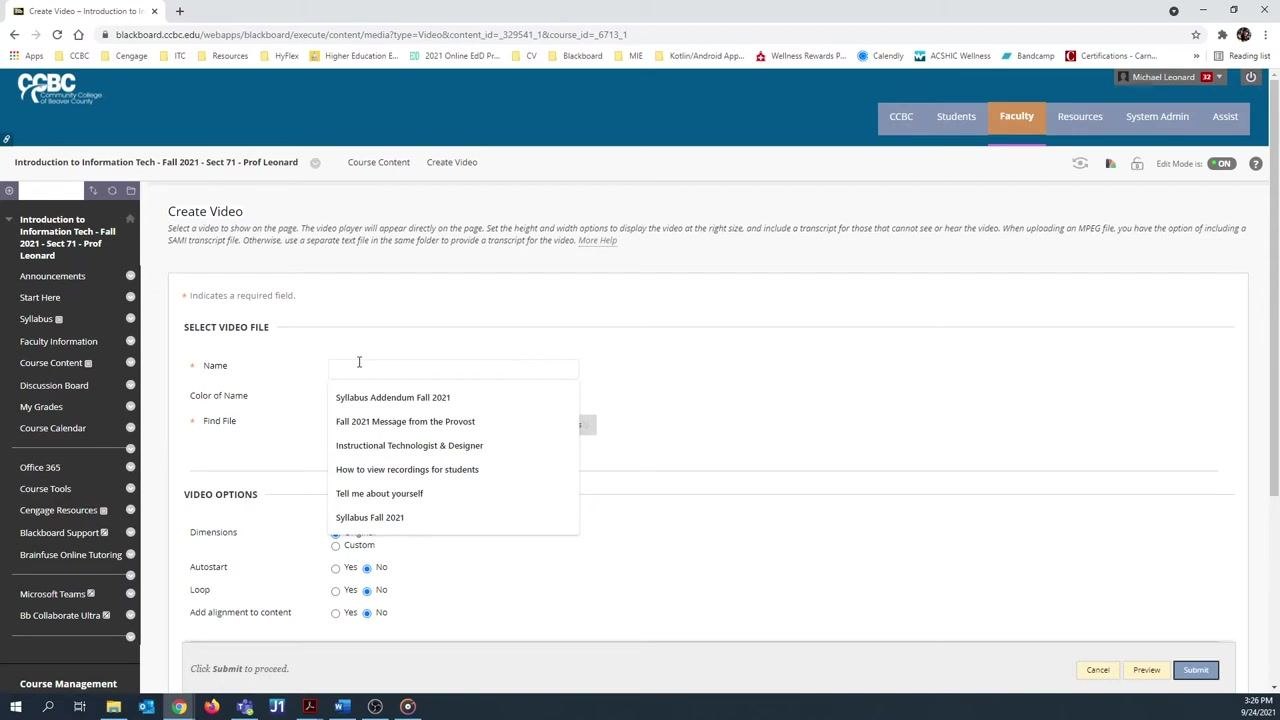 Name field being completed in the Create Video dialog, with a dropdown of suggested names visible